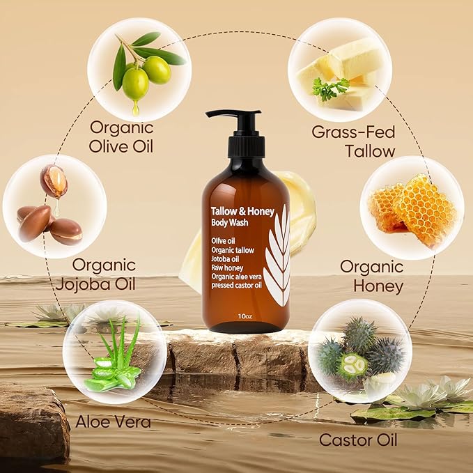 Tallow and Honey Body Wash Grass-Finished Tallow &amp Honey Organic Body Wash -10oz with Grass-Fed Tallow Olive Oil Aloe Vera Shea Butter and Jojoba Oil Clean &amp Hydrate Skin (1)