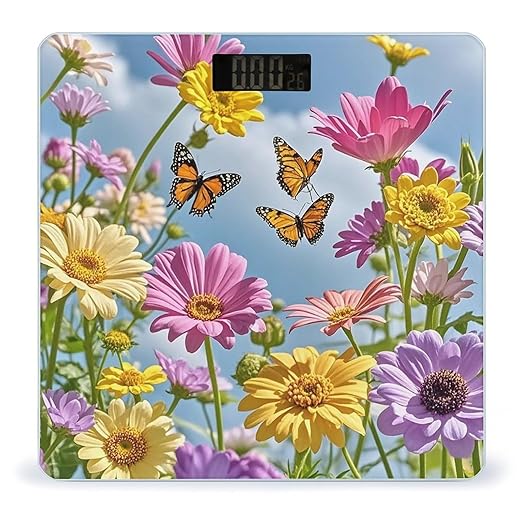 Flowers and Butterflies Scale for Body Weight Highly Accurate Digital Bathroom Body Scale Digital Bathroom Scales for People Anti-Slip Large LCD Display Smart Scales