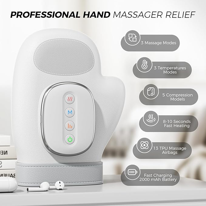 WUX Hand Massager with Heat Compression Relief 3 Massage 4 Temperatures 5 Compression Models Therapy Glove Arthritis &amp Wrist Carpal Tunnel Muscles Pressure Point Therapy Ideal Gifts for Women/M