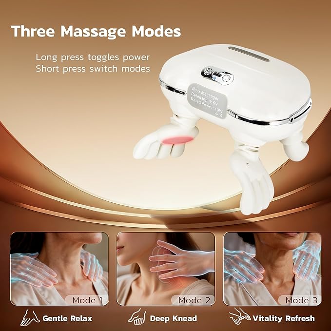 Hand Neck Massager Bionic Hand Massage Cordless Electric 4D Kneading Massager Back Shoulder with Heat-White
