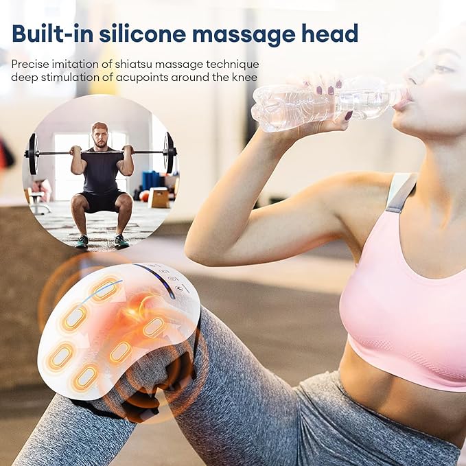 IeBilif Cordless Knee Massager with Heat 5 Vibration Modes &amp 3 Heating Levels 6 Silicone Massage Heads Adjustable Double Straps Portable Heated Knee Massager Gifts for Men Women
