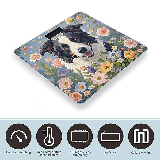 Border Collie Florals Scale for Body Weight Highly Accurate Digital Bathroom Body Scale Digital Bathroom Scales for People Anti-Slip Large LCD Display Smart Scales