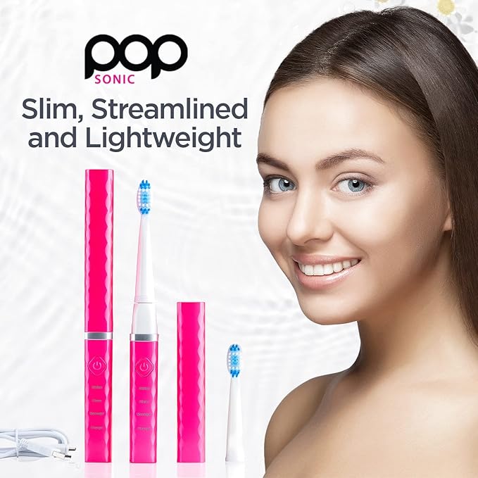 Pop Sonic USB Charge Anywhere Toothbrush (Pink) - Rechargeable Toothbrush w/Up to 40000 Brush Strokes/Minute -Long-Lasting Dupont Nylon Bristles -Teens &amp Adult with Quadrant Pacer