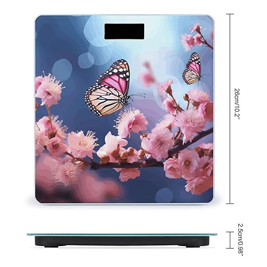 Pink Flowers Butterflies Digital Bathroom Scale for Body Weight with High Precision Digital Weighing Scale with BMI Clear LCD Display and Step-On Measures Weight Up to 180kg