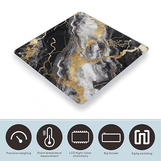 Black White Gold Foil Marble Scale for Body Weight Safe Rounded Corners Tempered Glass Digital Bathroom Scale LED Display 400lb Capacity Weight Scales with High Precision Sensors