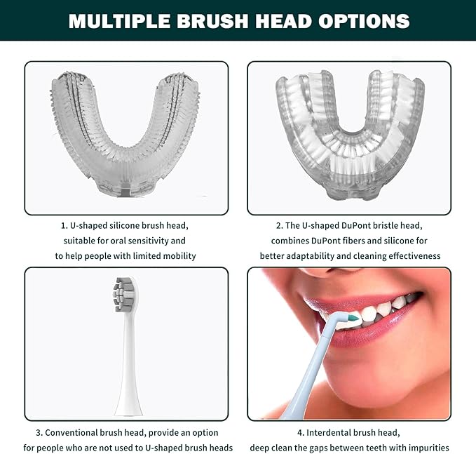 360° U-Shaped Toothbrush Newupgrade Sonic Electric Toothbrushes for Adults Multiple Brush Heads Options IPX7 Waterproof 360° Cleaning Suitable for People with Limited Mobility