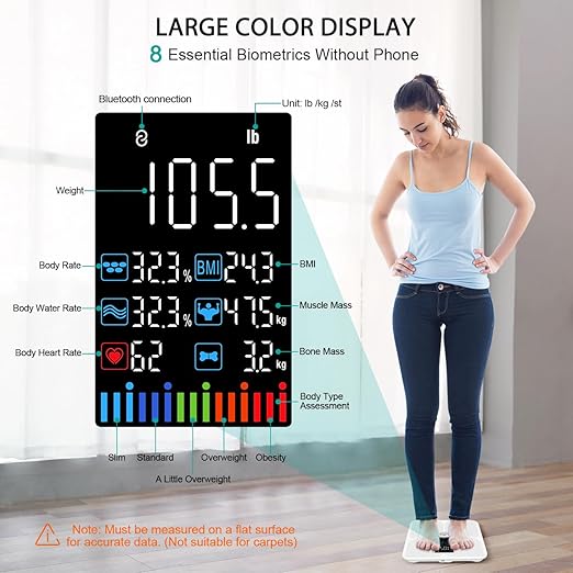 ABLEGRID Body Fat ScaleDigital Smart Bathroom Scale for Body Weight Large Color Display Screen 16 Body Composition Metrics BMI Water Weigh Heart Rate Baby Mode 400lb Rechargeable (White)