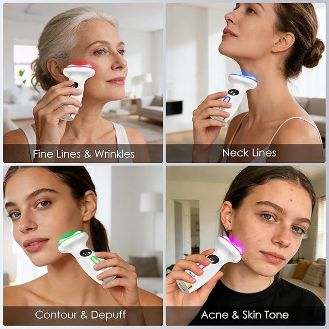 7-in-1 Face &amp Neck Beauty Massager with Heat &amp Cold Gua Sha Facial Massager Tool Microcurrent 7 Light Therapies Smart Vibration for Puffiness Firming &amp Glowing Skincare (Pearl White)