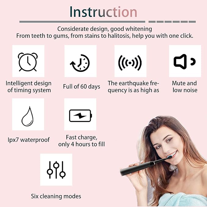 Sonic Electric Toothbrush Low Noise Designed Ideal for Adults Kids 6 Optional Modes IPX7 USB Fast Charging Electric Ultrasonic Toothbrush with 2 min Build in Timer &amp 4 Replacement Brush Heads (Wh