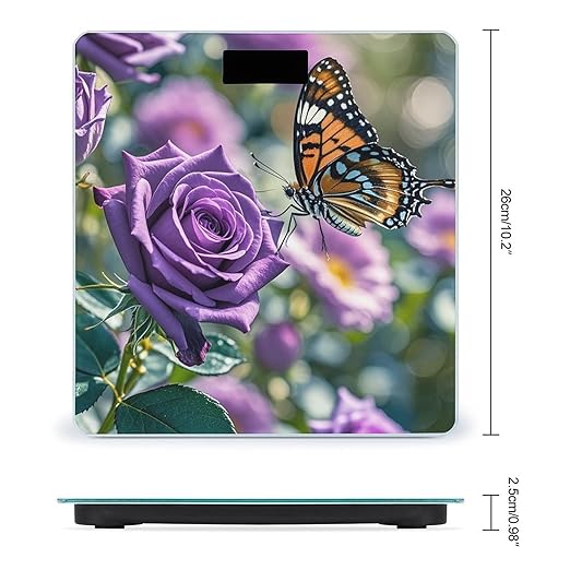 Purple Rose with Beautiful Butterfly Scale for Body Weight Sturdy Tempered Glass Weighing Scales with LCD Display Accurate Digital Bathroom Scale Convenient Body Fat Smart Scales Easy Read