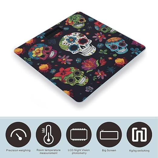 Flower Cactus Sugar Skull Bathroom Scale for Body Weight Bathroom Weighing Scale with Backlit LCD Display Highly Accurate Measures Weight Up to 180kg