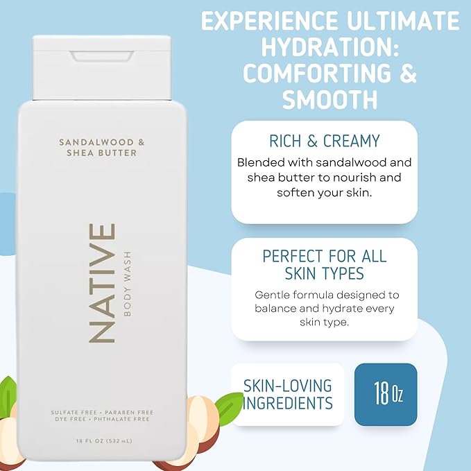 Native Body Wash 2 Pack - Sandelwood and Shea Butter &amp Sea Salt and Cedar 18oz Clean Body Cleanser Sulfate-Free Paraben-Free Formula for All Skin Types