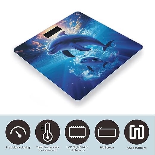 Cute Dolphins Bathroom Scale Large LCD Backlight Display Digital Scale Rounded Corners Body Scales Automatic Power On/Off Bathroom Scales for Home Bedrooms