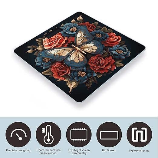 Butterflies and Roses Digital Bathroom Scale for Body Weight Weighing Scale with Backlit LCD Display High Precision Measurements &amp Measures Weight Up to 180kg