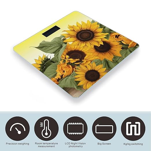 Sunflowers Floral Digital Bathroom Scale for Body Weight Weighing Scale with Backlit LCD Display High Precision Measurements &amp Measures Weight Up to 180kg