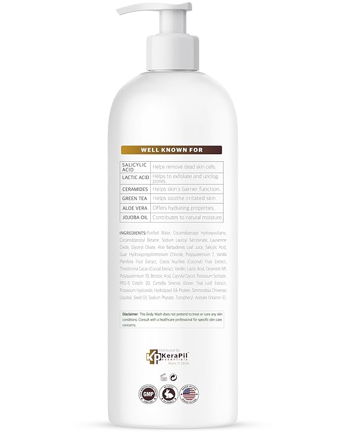 Exfoliating Body Wash with Salicylic Acid - No Dry Out Gentle Exfoliates Rough and Bumpy Skin Body Acne Wash BHA &amp AHA - Coconut and Vanilla Salicylic Acid Body Wash - (16 fl oz x 2)
