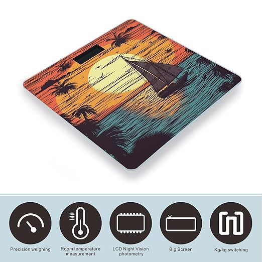 Sunset and Sailboat Weight Scale Digital Electronic Scales Bathroom Scale Larg LCD Backlight Display High Precision MeasurementsTempered Glass