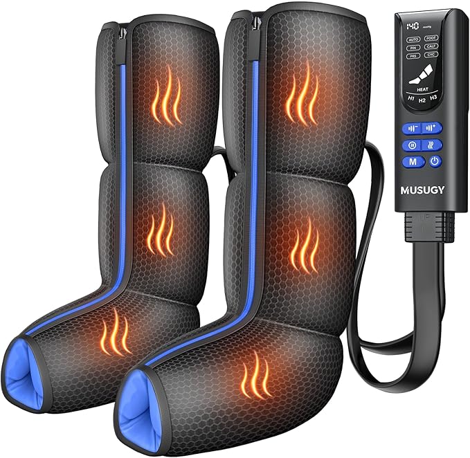 Air Compression Leg Massager with Heat : MUSUGY Sequential Foot and Calf Massager for Circulation and Pain Relief with 9 Intensity 6 Modes 3 Heat - for Mom Dad Standing Jobs &amp Daily Relaxatio