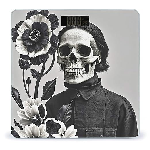 Black and White Flowers and Skull Bathroom Scale for Body Weight Bathroom Weighing Scales with Back Lit LED Display Sturdy Tempered Glass Body Weight Bathroom Scale 400lb Weighing