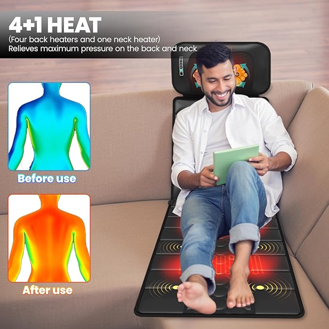 Massage Mat Detachable Neck Massager Full Body Vibration Heating Massage Pad with 10 Vibrating Motors and 9 Speed Settings for Home Office Use Gift for Men Women Parents ChristmasBlack