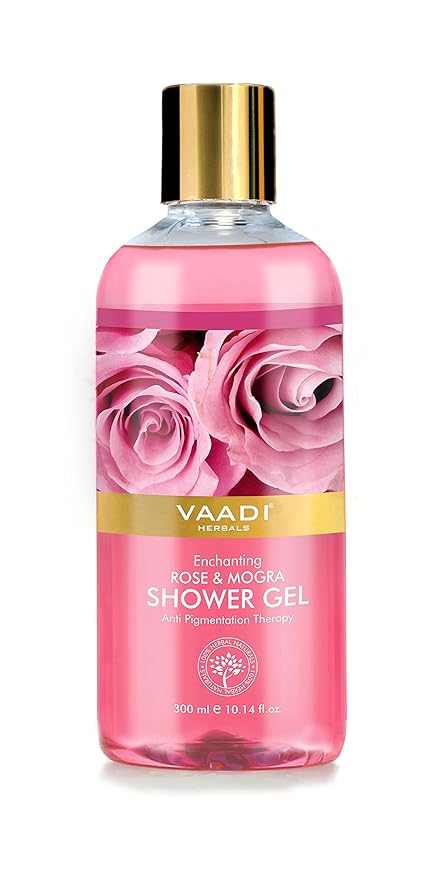 Vaadi Herbals Shower Gel - Sulfate-Free - Herbal Body Wash Both For Men And Women - 300 Ml (10.14 Fl Oz) - (Enchanting Rose &amp Mogra) (3 Bottles)