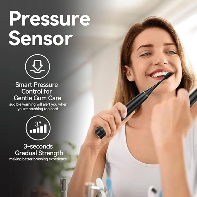 SEAGO Electric Toothbrush for Adults with Pressure Sensor Sonic Toothbrushes Holder Wall Mounted 30 Days Battery Life 5 Cleaning Modes 8 Replacement Heads Timer &amp IPX7 Waterproof (Black Midd