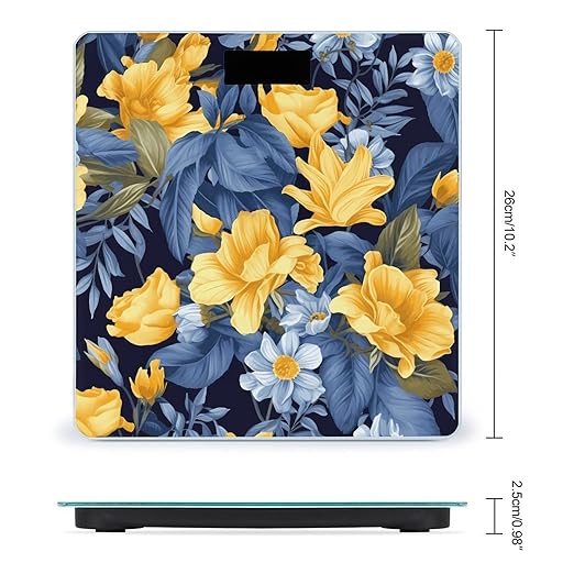 Blue Base Yellow Floral Scale for Body Weight Precision Bathroom Weighing Scales with Back Lit LCD Display Sturdy Tempered Glass Body Weight Scales Digital Bathroom Scale 400lb
