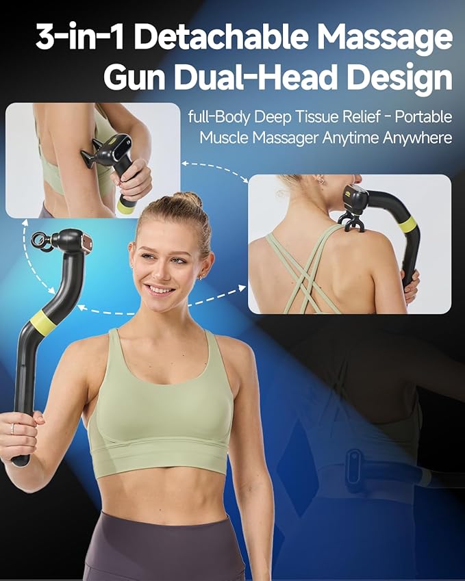 Dual Head Massage Gun Deep Tissue 3-in-1 Back Massager with Detachable Extension Handle for Hard-to-Reach Areas Gym &amp Home Use for Men and WomenFSA-HSA Eligible