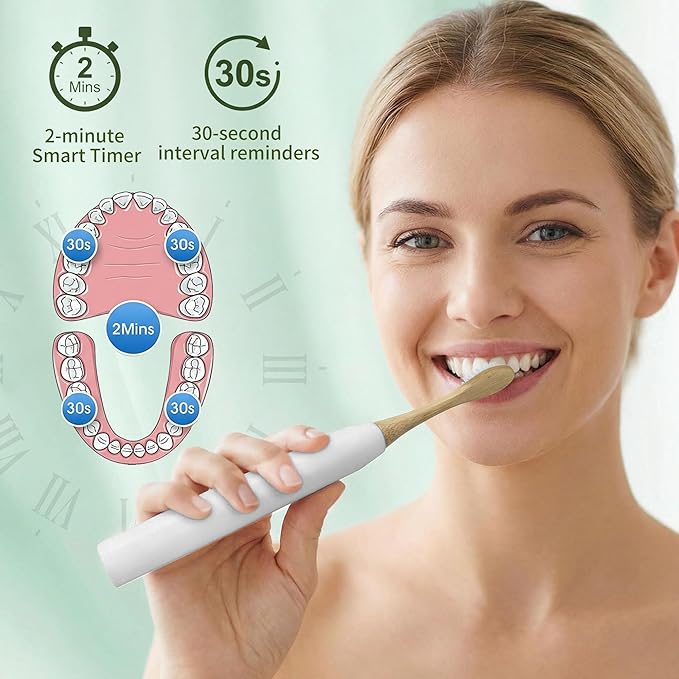 Bamboo Electric Toothbrush丨Rechargeable Electric Toothbrush with 4 Bamboo Heads Soft Castor Oil Bristles5 Moedes&amp3 Intensities 45 Days Battery Life IPX7 Waterproof-White