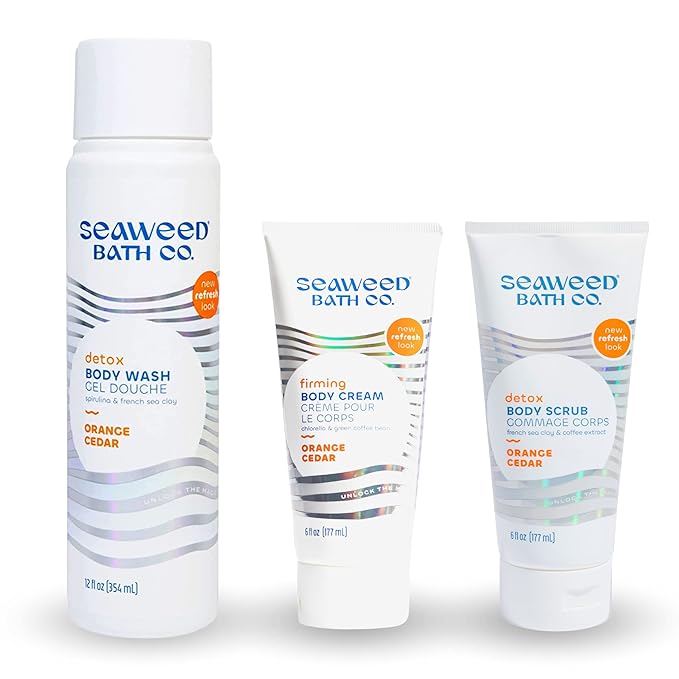 Seaweed Bath Co. Body Wash Body Cream and Body Scrub Trio 12 Ounce 6 Ounce (Pack of 2) Orange Cedar Scent Sustainably Harvested Seaweed