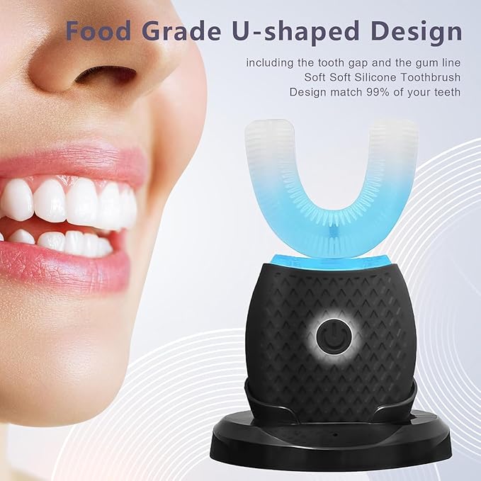Smart U-Shaped Ultrasonic Toothbrush for Adults: 360° Full Mouth Cleaning with Auto Rotation Smart Pressure Sensor &amp LED Light Includes Foam Mousse 4 Brush Heads and Charging Base (black)