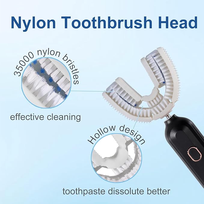 Ultrasonic U-Shaped Toothbrush for Adults Electric Toothbrush has 23760 Nylon BristlesAutomatic 360-degree Cleaning and Waterproof IPX7 4 Modes for Teeth Whitening (Black)
