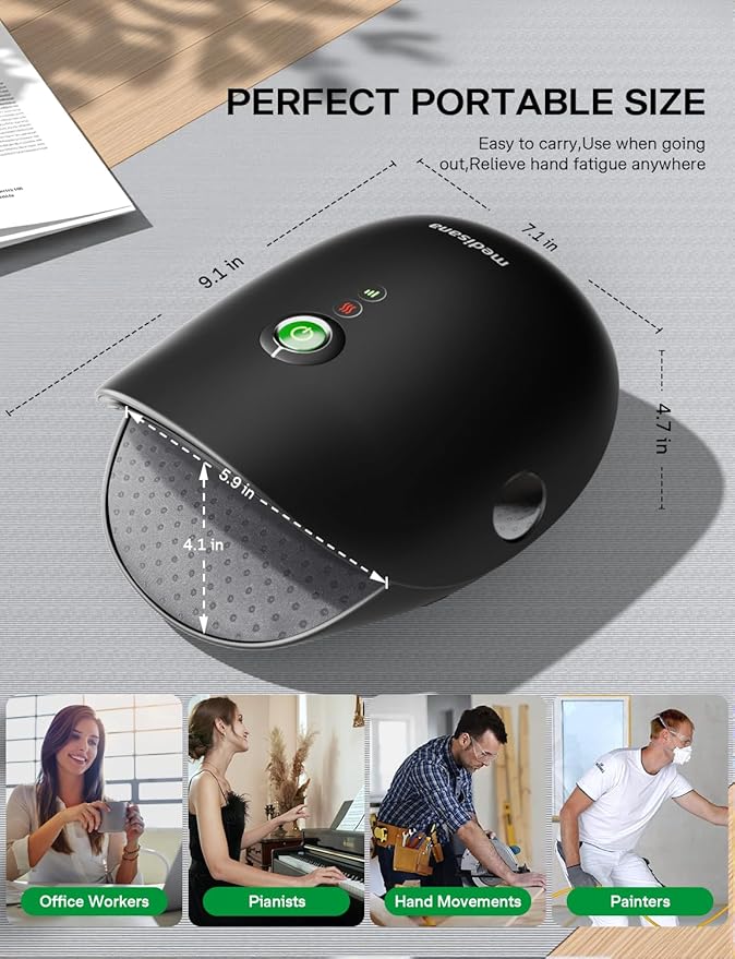 Medisana Hand Massager with Heat and Compression Cordless Hand Massager for Arthritis and Carpal Tunnel Relief Knuckle Stretching Massage Birthday Christmas Gifts for Men Women Dad Mom-Black
