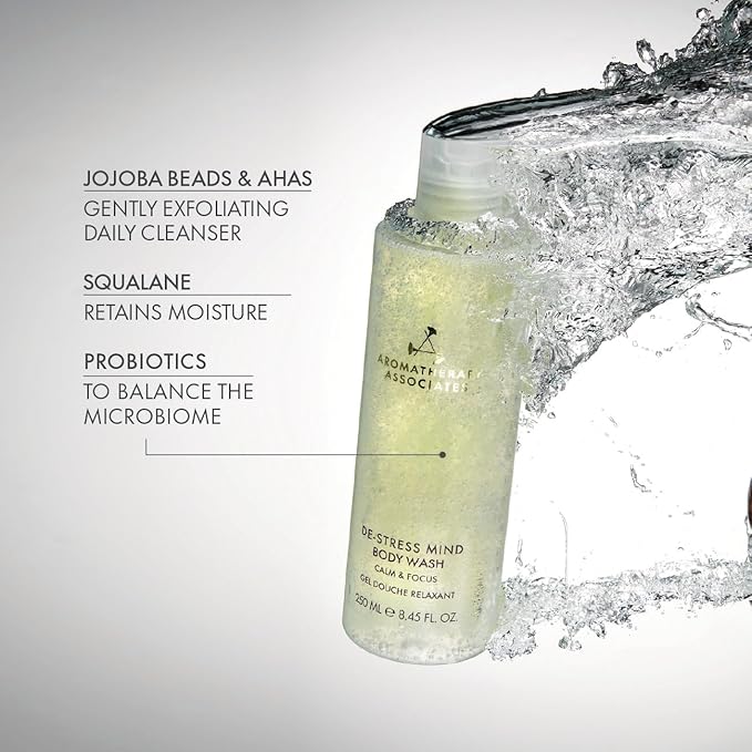Aromatherapy Associates De-Stress Mind Body Wash Calming &amp Hydrating Cleanser with Squalane AHAs &amp Jojoba Beads Moisturizing Body Wash for Dry Skin with Camomile Petitgrain &amp Frankince