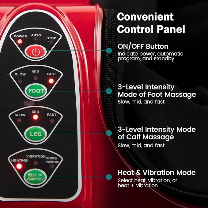 MEDIMALL Foot and Calf Massager Electric Foot Massager with Smooth Heating &amp Vibrate Function Adjustable Tilt and Washable Sleeves Perfect for Relaxation and Pain Relief up to US Size 9.5 (Red