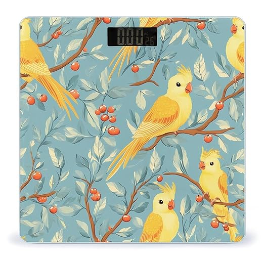 Yellow Parrot Birds Branches Berries Digital Bathroom Scale for Body Weight Lighted LCD Display Round Corner