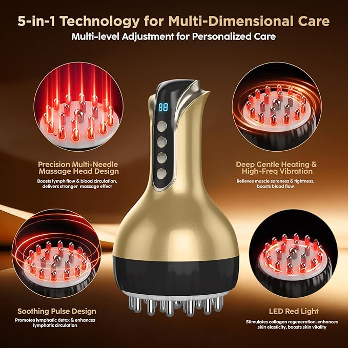 Lymphatic Drainage Massager &amp Anti-Cellulite Massage Tool Body Sculpting Device for Legs Arms &amp Stomach Supports Smoother Skin with Gentle Warming &amp Vibration - Gold