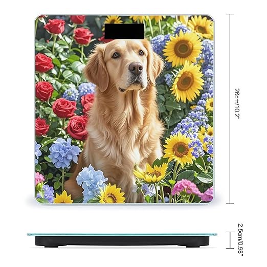 Golden Retriever and Flowers Scale for Body Weight Highly Accurate Digital Bathroom Body Scale Digital Bathroom Scales for People Anti-Slip Large LCD Display Smart Scales