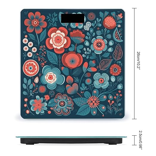 Blue Flower Pattern Scale for Body Weight Anti-Slip Tempered Glass Digital Bathroom Scales Clear LCD Display Weighing Scale Safe Rounded Corners Smart Scales