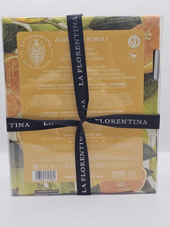 LA FLORENTINA Citrus Gift Set Italian Luxury Bath Collection with Hand Cream Hand Scrub and Soap Bar Boboli Agrumi Fragrance Made in Italy