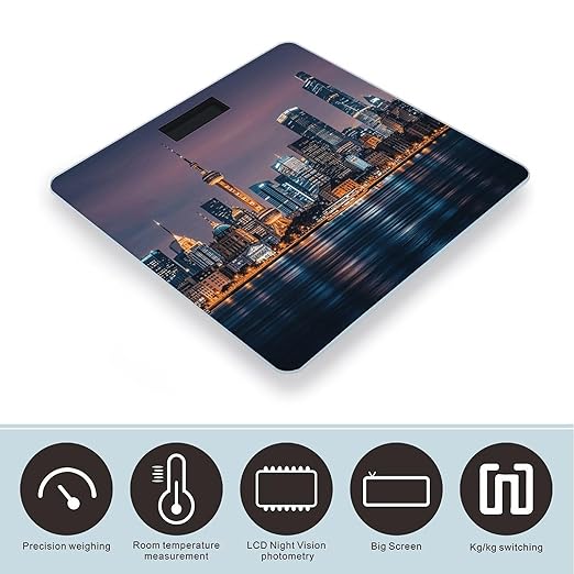 City Picture Night Scale for Body Weight Highly Accurate Digital Bathroom Electronic Weighing Machine for People LCD Display Large Size Tempered Glass for Safe Home Use