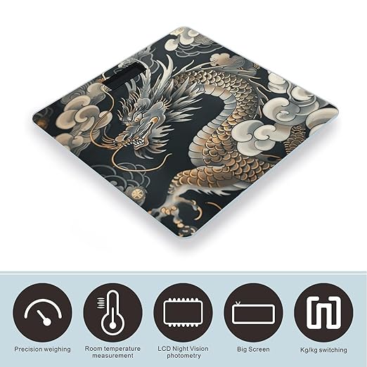 Black Oriental Dragon Bathroom Scale for Body Weight LCD Display Digital Bathroom Scale Tempered Glass Bathroom Weight Scales Fashion Smart Scales for Home Bedroom 400 Lb