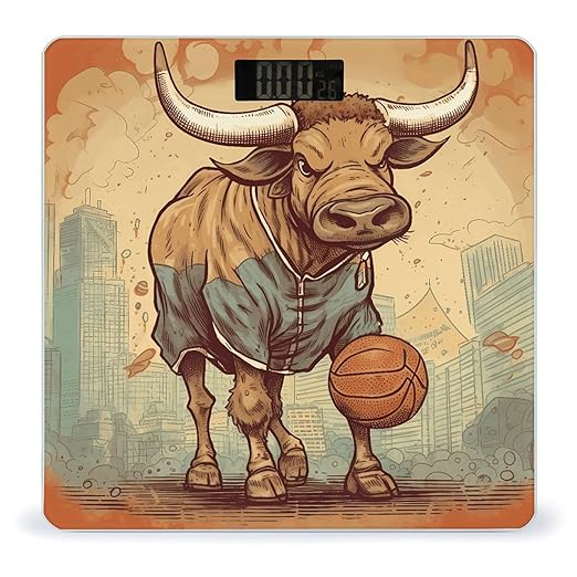 Hand Drawn Bull Pattern Scale for Body Weight Anti-Slip Tempered Glass Digital Bathroom Scales Clear LCD Display Weighing Scale Safe Rounded Corners Smart Scales
