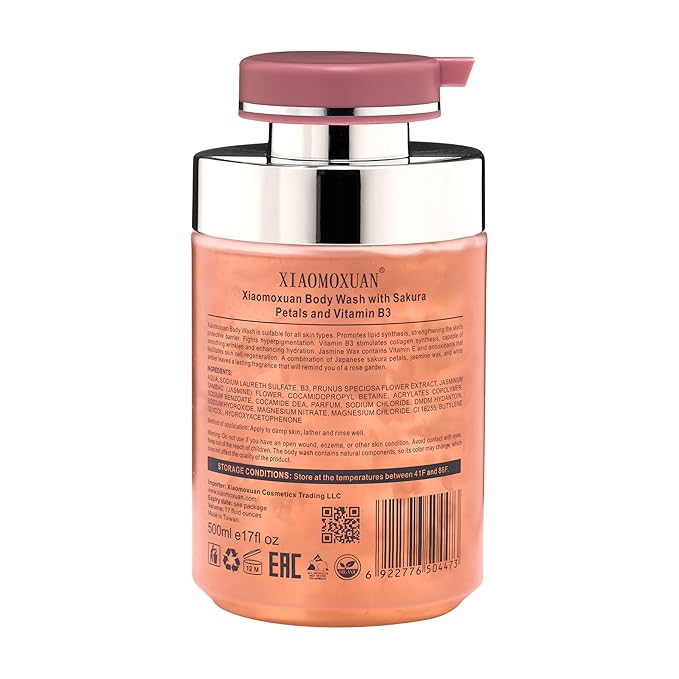 Xiaomoxuan Vitamin B3 Body Wash for Extra-Dry Skin - Jasmine and Sakura Body-Wash for Hyperpigmentation - Wrinkle-Smoothing Cleansing and Firming Skin-Care Moisturizer with Pump for Women and Men