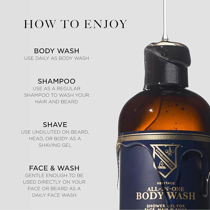 Caswell-Massey Heritage All-in-1 Body Wash Use as a Face Wash Beard Wash Shampoo Body Wash &amp Shave Gel Signature Heritage Soap for Men 12 Fl Oz Made in USA