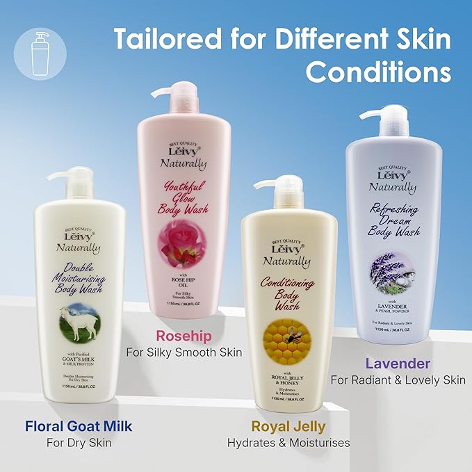 Lěivy Goat Milk Body Wash Moisturizing - Floral Fragrance for Dry Skin Cleanser Hydrating Body Shampoo Enriched with Hydrolyzed Milk Protein &amp Vitamin E 38.8 Fl oz Bottle