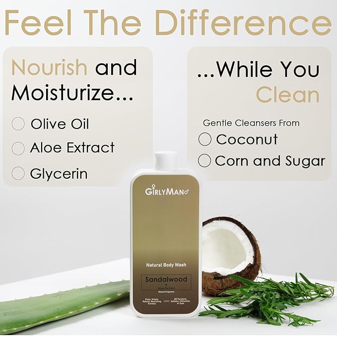 GirlyMan Natural Body Wash - Made with Olive Oil &amp Aloe Extract No Artificial Fragrance PH Balanced Gentle Formula Nourishing Ingredients Family Owned (Sandalwood)