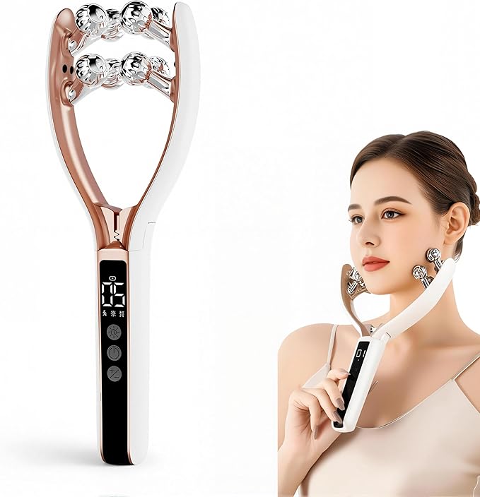 Face Massager and Neck Massager for Women 8-Roller EMS Facial Massager Tool Face Roller with Red Blue Light Electric Lymphatic Drainage Massager Face for V-Line Contouring and Skin Firming