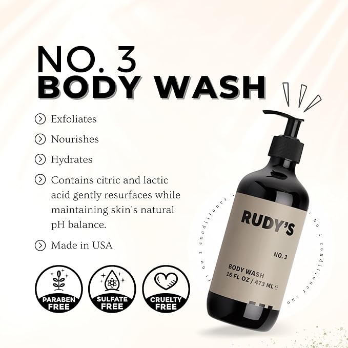 RUDY's 1-3 Shower Essentials Bundle - Shampoo and Body Wash - Natural Ingredients Sulfate &amp Paraben Free (16 fl oz Each)