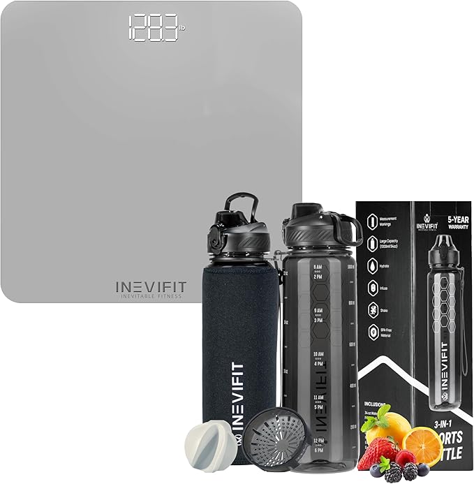 INEVIFIT Hydration &amp Wellness Bundle Digital Bathroom Scale &amp 3-in-1 Sports Water Bottle for Active Lifestyles